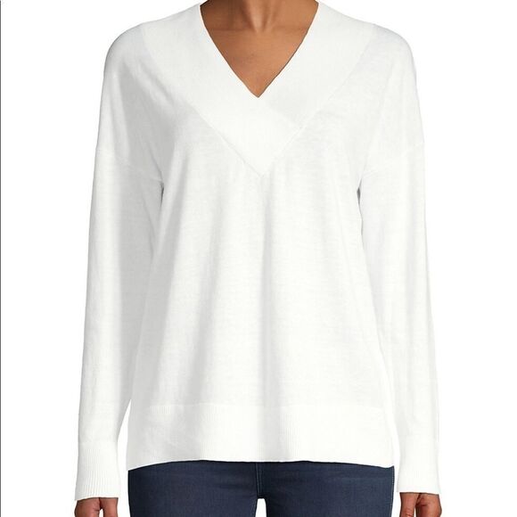 Pure Navy White V-Neck Cotton-Blend Sweater - Picture 1 of 4